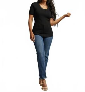 NEW DOWNEAST scallop short sleeve sweater in black